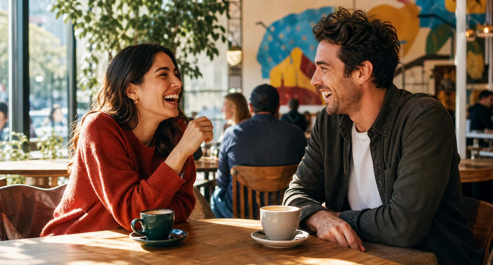 Two adults laughing together over coffee in a bright neighborhood cafe